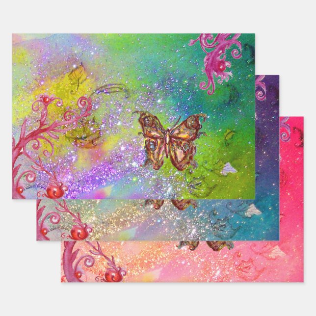 BUTTERFLIES,PINK BLUE PURPLE GREEN SPARKLES Floral Wrapping Paper Sheet (Set)