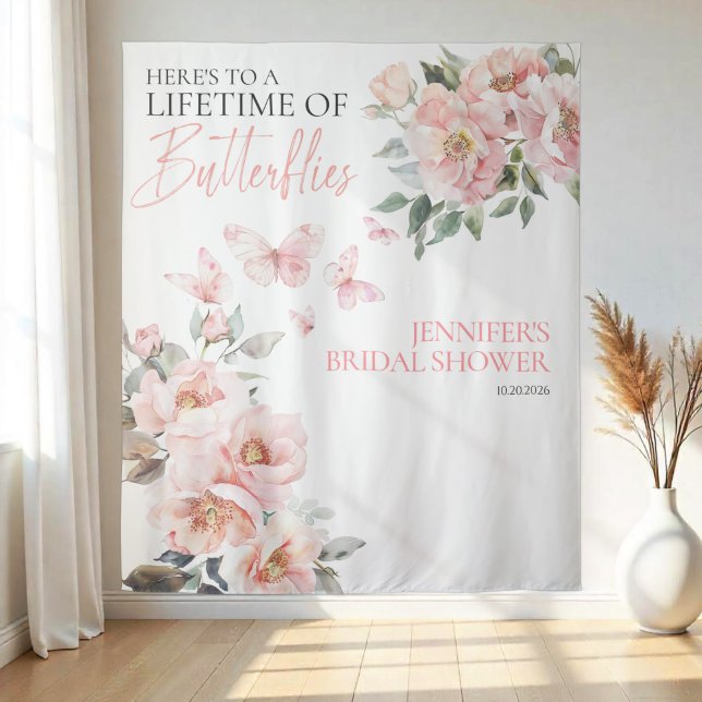Butterflies Pink Blush Bridal Shower Backdrops Tapestry (Creator Uploaded)