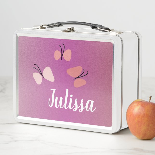 Butterflies Pink Faux Glitter Name Metal Lunch Box (In Situ)