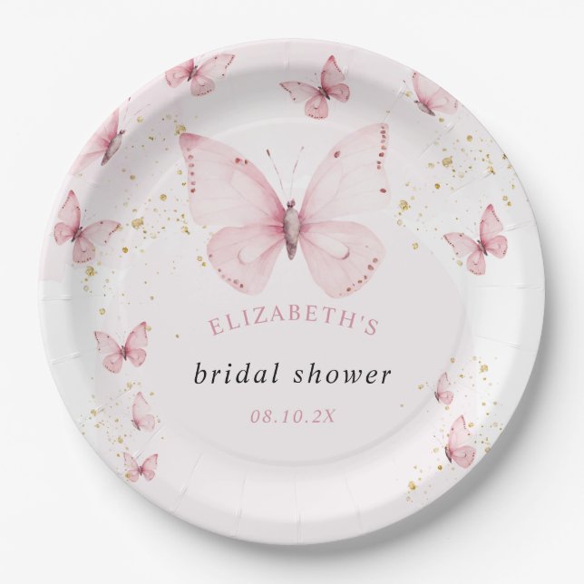 Butterflies Pink Gold Bridal Shower  Paper Plate (Front)