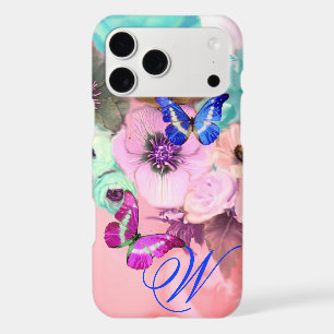 BUTTERFLIES,PINK TEAL ROSES AND ANEMONE FLOWERS