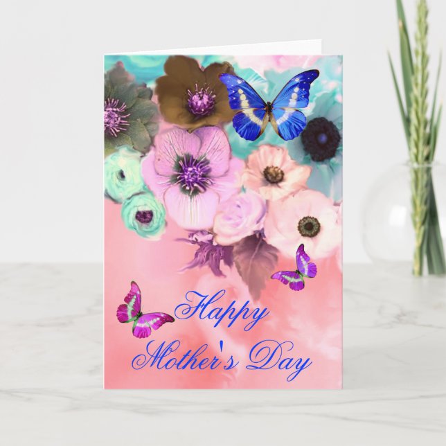 BUTTERFLIES,PINK TEAL  ROSES AND ANEMONE FLOWERS CARD (Front)