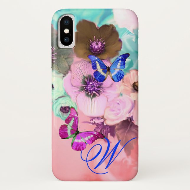 BUTTERFLIES,PINK TEAL ROSES AND ANEMONE FLOWERS Case-Mate iPhone CASE (Back)