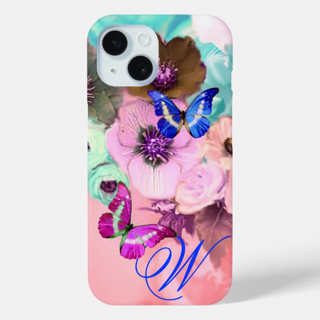 BUTTERFLIES,PINK TEAL ROSES AND ANEMONE FLOWERS Case-Mate iPhone CASE (Back)