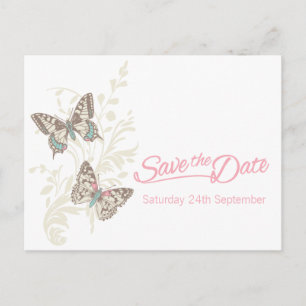 Butterflies pink white cream save the date card