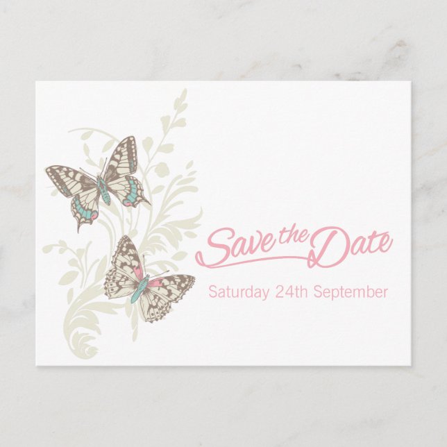 Butterflies pink white cream save the date card (Front)