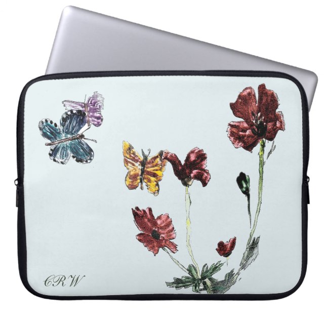 Butterflies Poppies Floral Personalized Laptop Sleeve (Front)