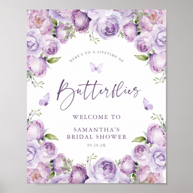 Butterflies Purple Bridal Shower Welcome Sign (Front)
