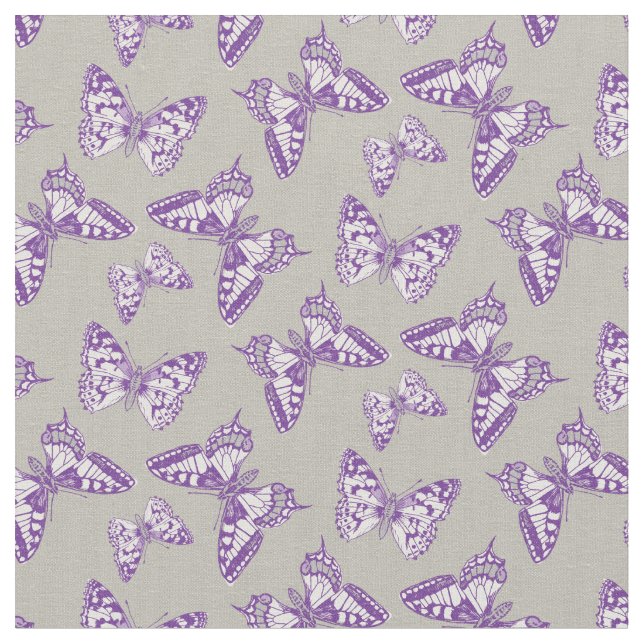 Butterflies purple inked sketched art pattern fabric (Close Up)