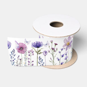 Butterflies & Purple Watercolor Wildflower Garden  Satin Ribbon