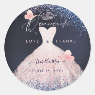 Butterflies Quinceanera Blush Glitter Gown Classic Round Sticker