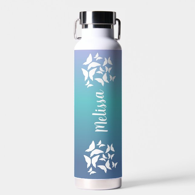 Butterflies Rainbow Ombré  Script  Water Bottle (Front)