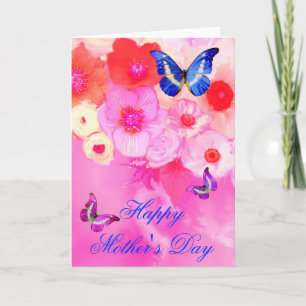 BUTTERFLIES,RED PINK ROSES AND ANEMONE FLOWERS CARD
