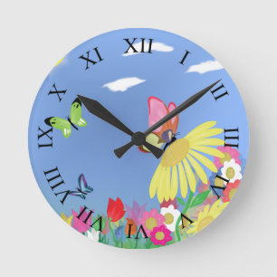 Butterflies Roman Numerals Round Clock