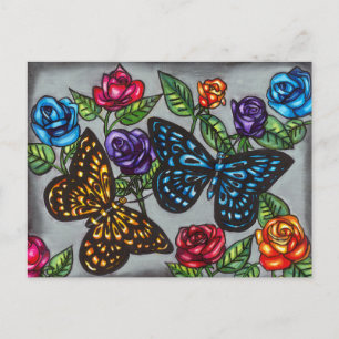 Butterflies roses flowers original art drawing postcard