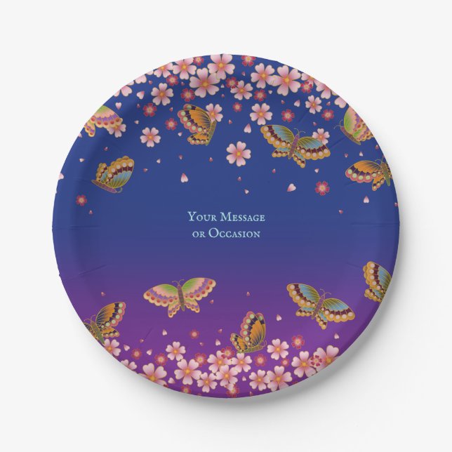 Butterflies Sakura Blossoms Blue Personalized Paper Plate (Front)