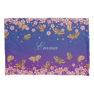 Butterflies & Sakura Blossoms Blue Personalized Pillowcase
