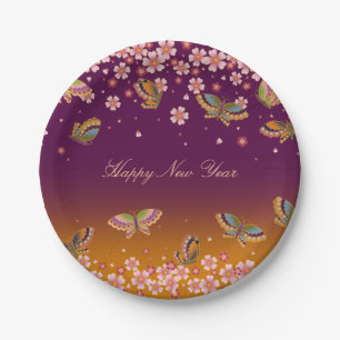 Butterflies Sakura Blossoms Gold Plum Personalized Paper Plate