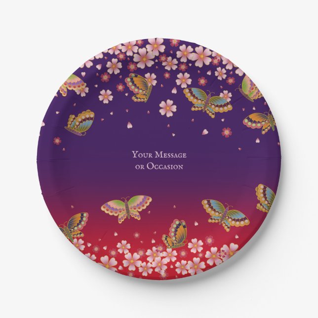 Butterflies & Sakura Blossoms Purple Personalized Paper Plate (Front)