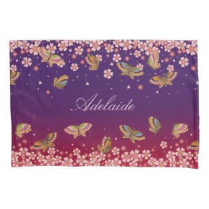 Butterflies & Sakura Blossoms Purple Personalized Pillowcase