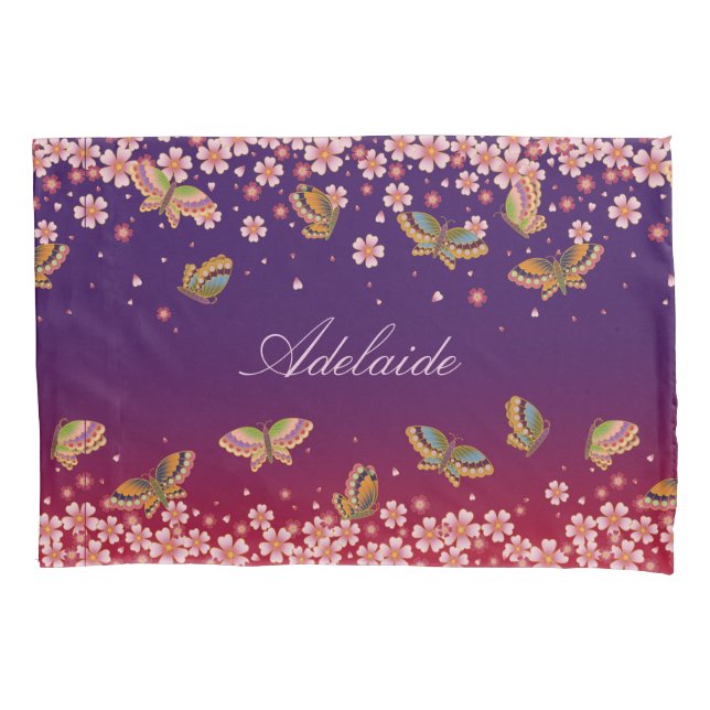 Butterflies & Sakura Blossoms Purple Personalized Pillowcase (Front)