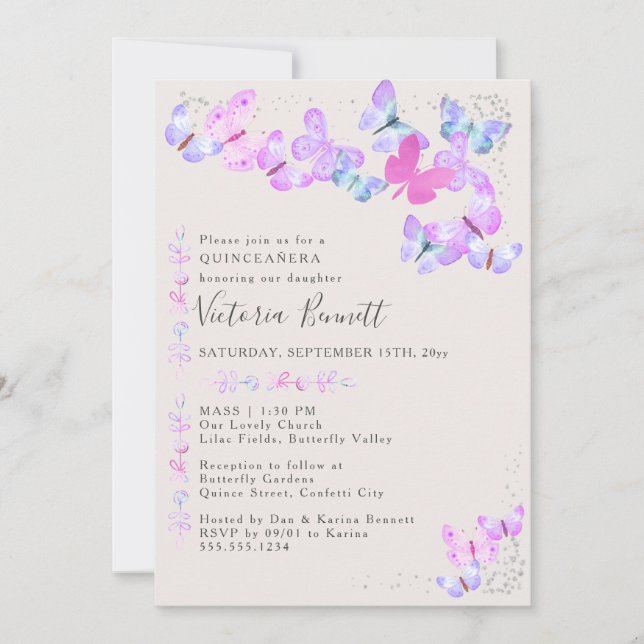 Butterflies Silver Confetti Quinceanera and Mass Invitation (Front)