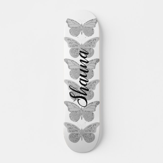 Butterflies Silver Grey Sparkle Personalized Skateboard (Front)