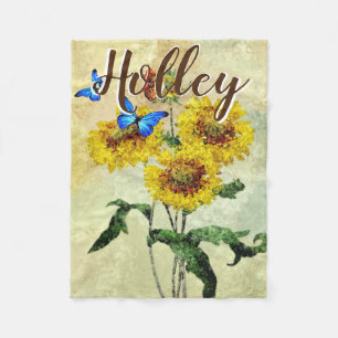 Butterflies Sunflowers Watercolor Personalized Fleece Blanket