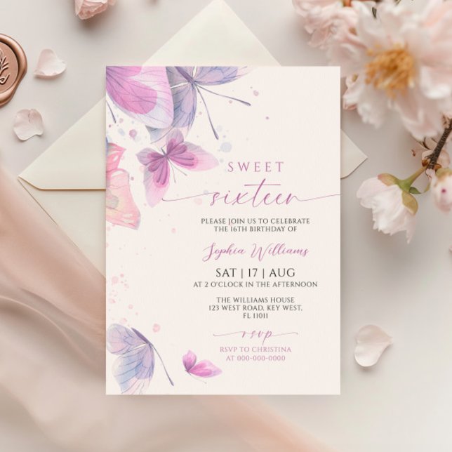 Butterflies Sweet 16 Birthday Invitation (Creator Uploaded)