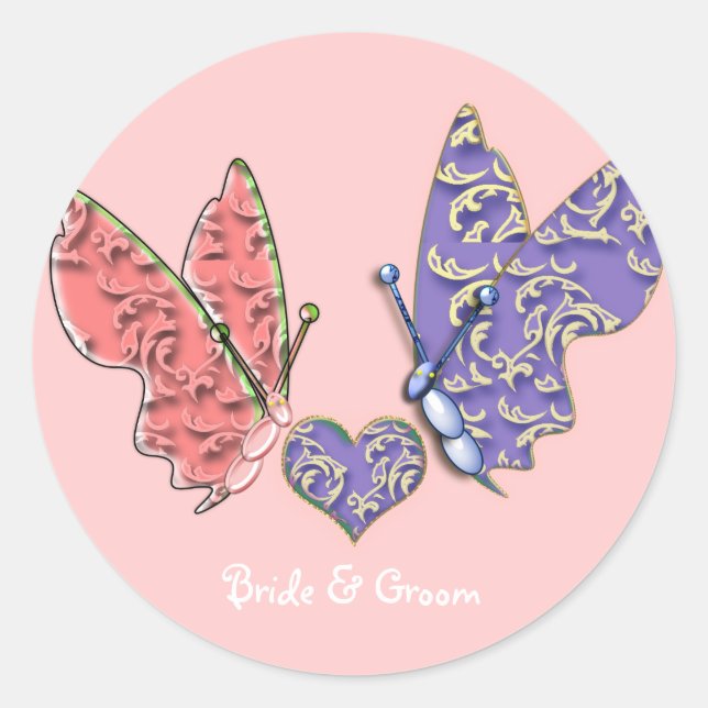 Butterflies Swirl Pink & Blue Classic Round Sticker (Front)