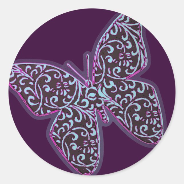 Butterflies Swirl Purple Classic Round Sticker (Front)