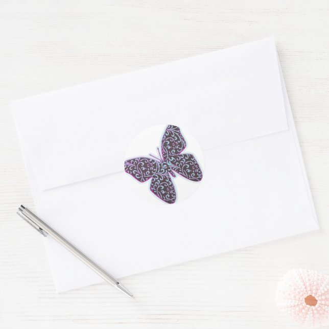 Butterflies Swirl Purple Classic Round Sticker (Envelope)