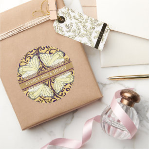 Butterflies Swirl Yellow Beige Green Earth Tones Classic Round Sticker