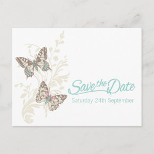 Butterflies teal white cream save the date card
