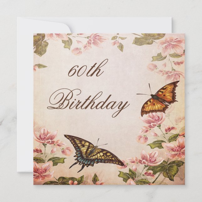 Butterflies & Vintage Almond Blossom 60th Birthday Invitation (Front)