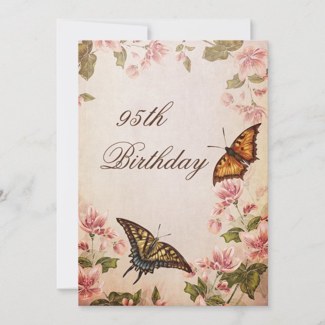 Butterflies & Vintage Almond Blossom 95th Birthday Invitation (Front)