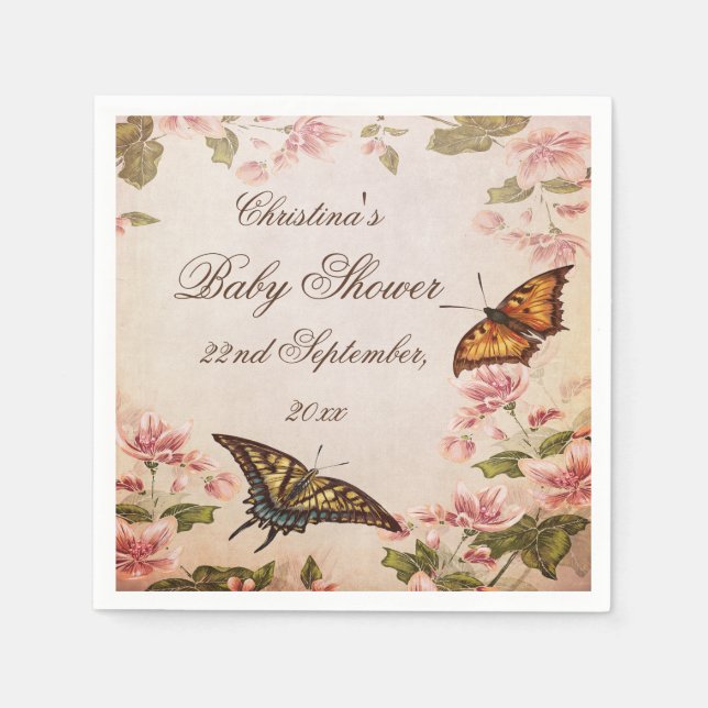 Butterflies & Vintage Almond Blossom Serviettes Napkin (Front)