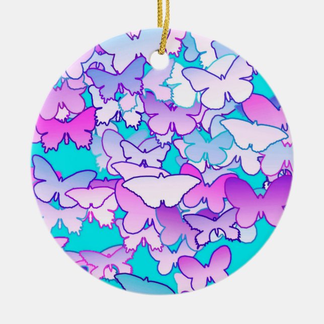 Butterflies, violet and turquoise ceramic ornament (Front)