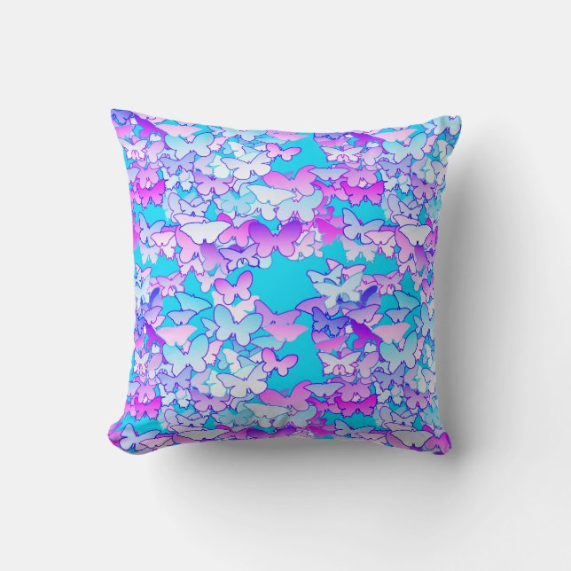 Butterflies, violet and turquoise throw pillow (Front)