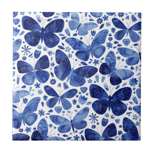 Butterflies Watercolor Blue Ceramic Tile (Front)