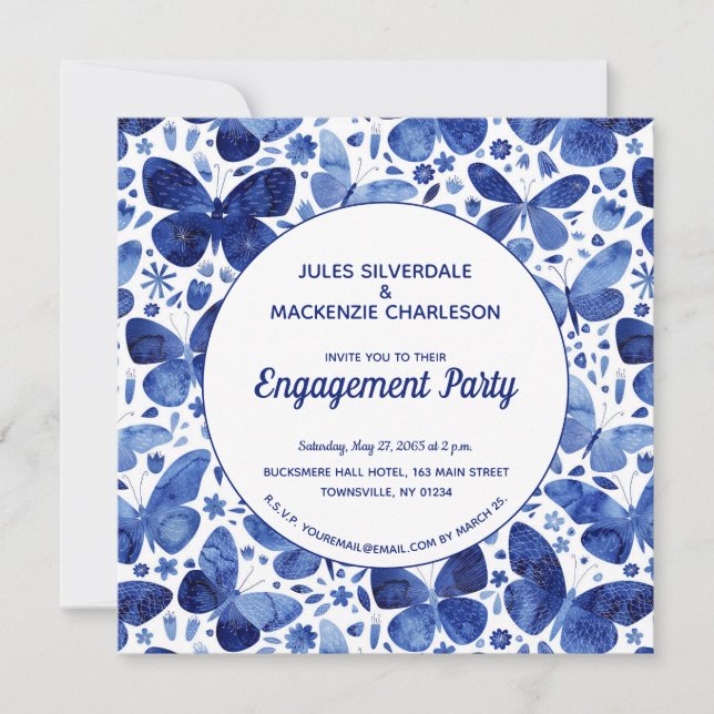Butterflies Watercolor Blue Engagement Party Invitation (Front)