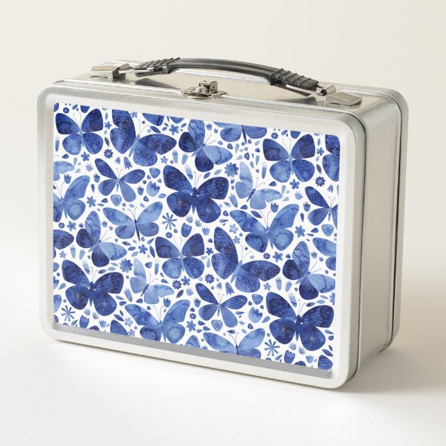 Butterflies Watercolor Blue Metal Lunch Box (Front)
