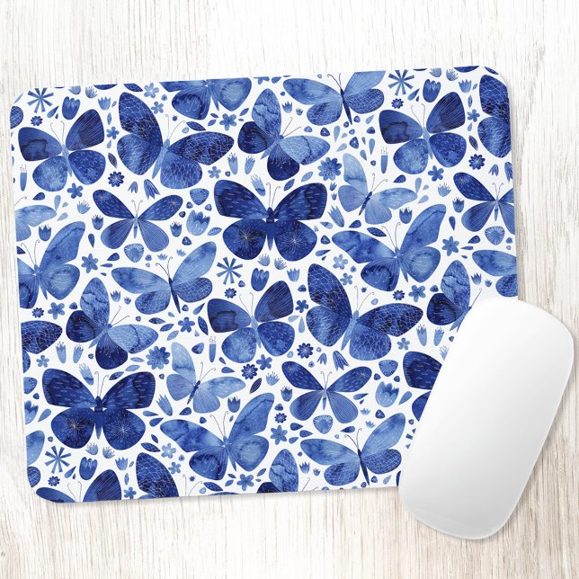 Butterflies Watercolor Blue Mouse Pad (Navy indigo blue watercolor butterfly pattern art mousemat)