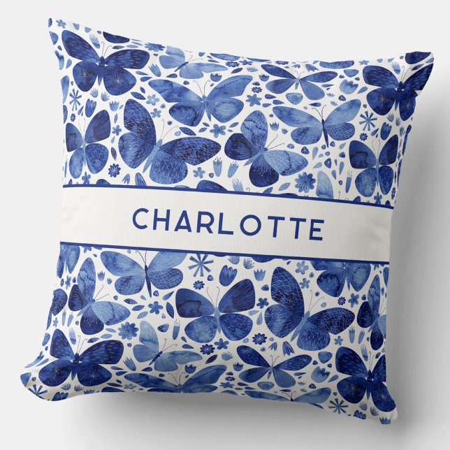 Butterflies Watercolor Blue Personalized Throw Pillow (Blue and white watercolor butterfly art personalized custom name throw pillow)