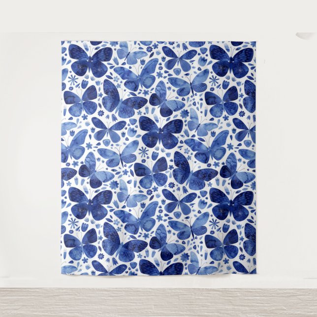 Butterflies Watercolor Blue Tapestry (Front)