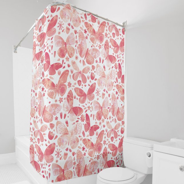 Butterflies Watercolor Coral Pink (Coral peach blush pink watercolor butterfly pattern shower curtain)