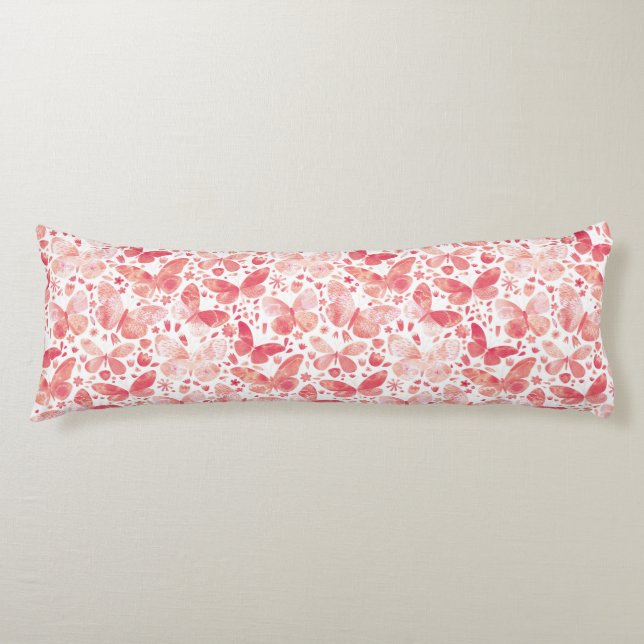 Butterflies Watercolor Coral Pink Body Pillow (Front)
