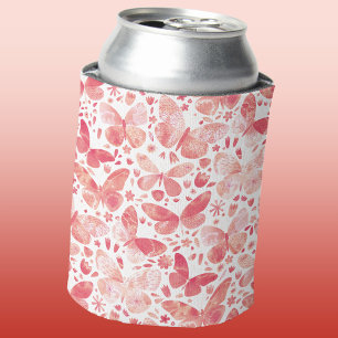 Butterflies Watercolor Coral Pink Can Cooler