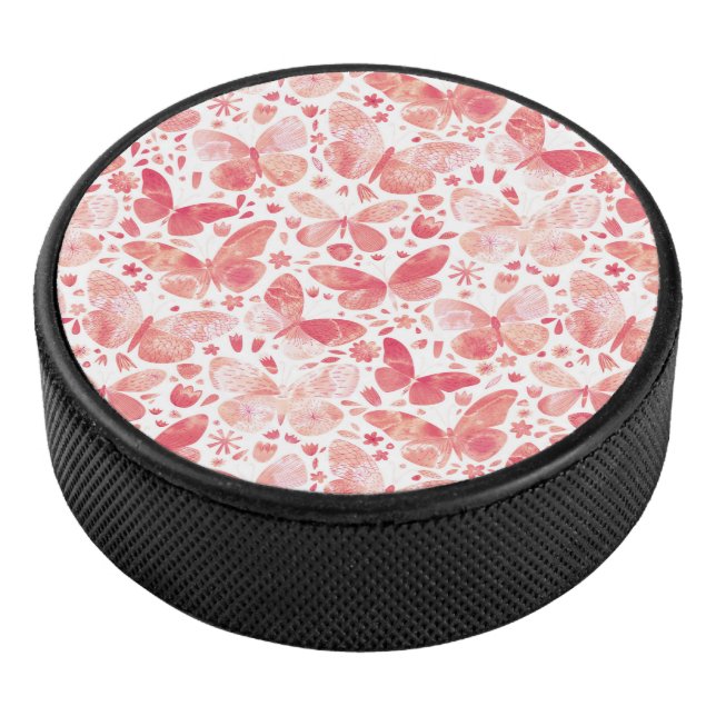 Butterflies Watercolor Coral Pink Hockey Puck (3/4)