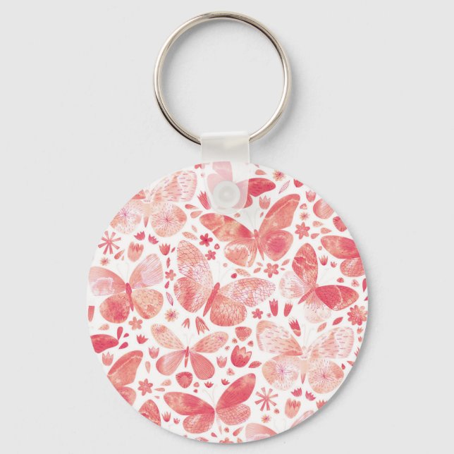 Butterflies Watercolor Coral Pink Keepsake Keychain (Front)